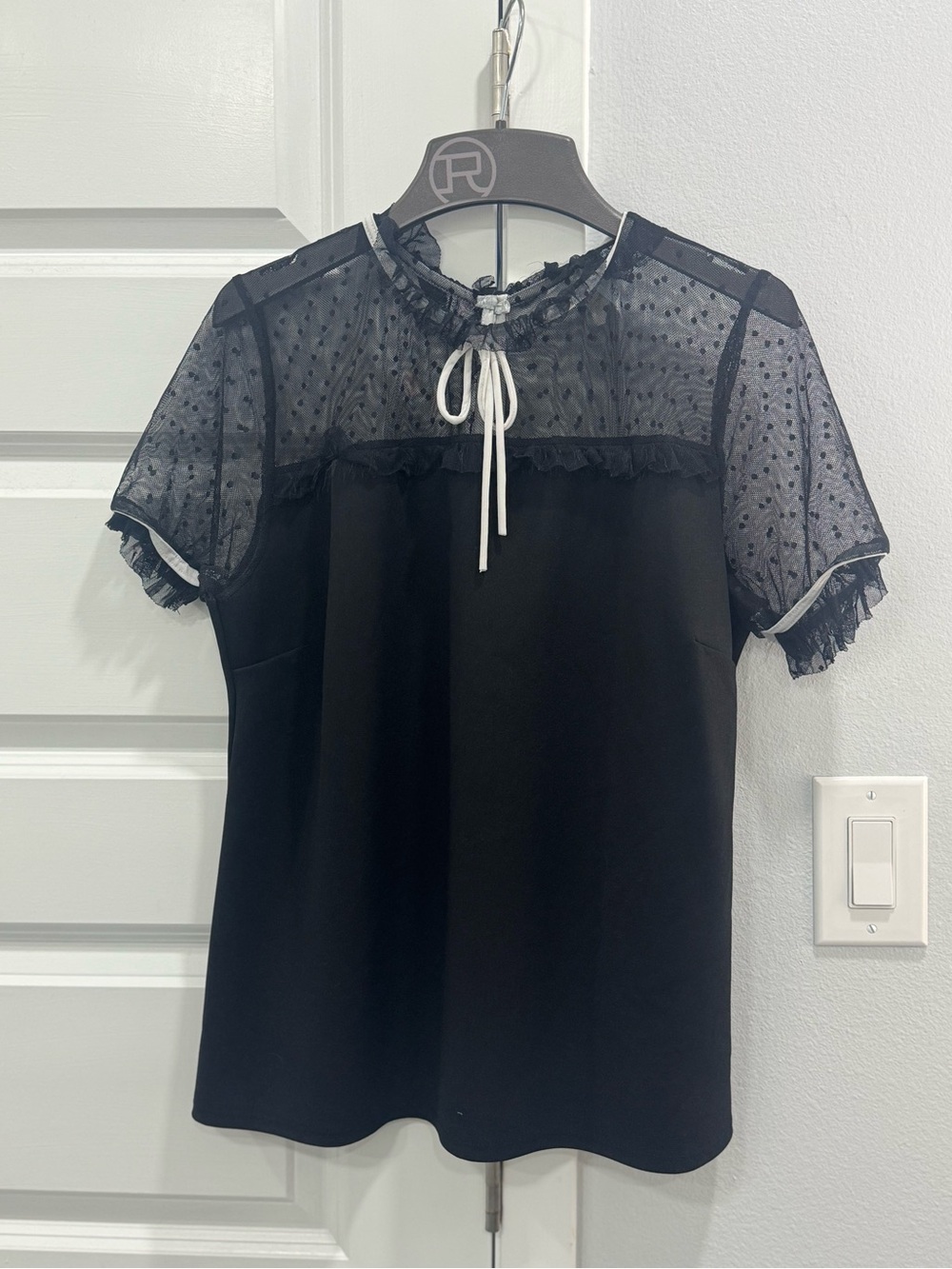 Minimum Black Sheer Polka-Dot Yoke Short Sleeve Top